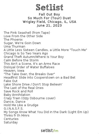 Fall out.boy setlist - Setlists Setlist Photos Concert Posters Add Setlist. Fall Out Boy. Overview. Statistics. Songs. Setlists. Empty Setlists. Tours. Edit. Top Songs. Thnks fr th Mmrs 512. Sugar, We're Goin Down 508. Dance, Dance 491. This Ain't a Scene, It's an Arms Race 483. Saturday 460. I Don't Care 439.